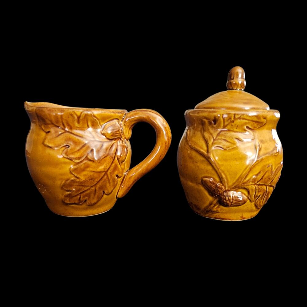 Cracker Barrel Bountiful Harvest Brown Stoneware Creamer Sugar Bowl Lid Set